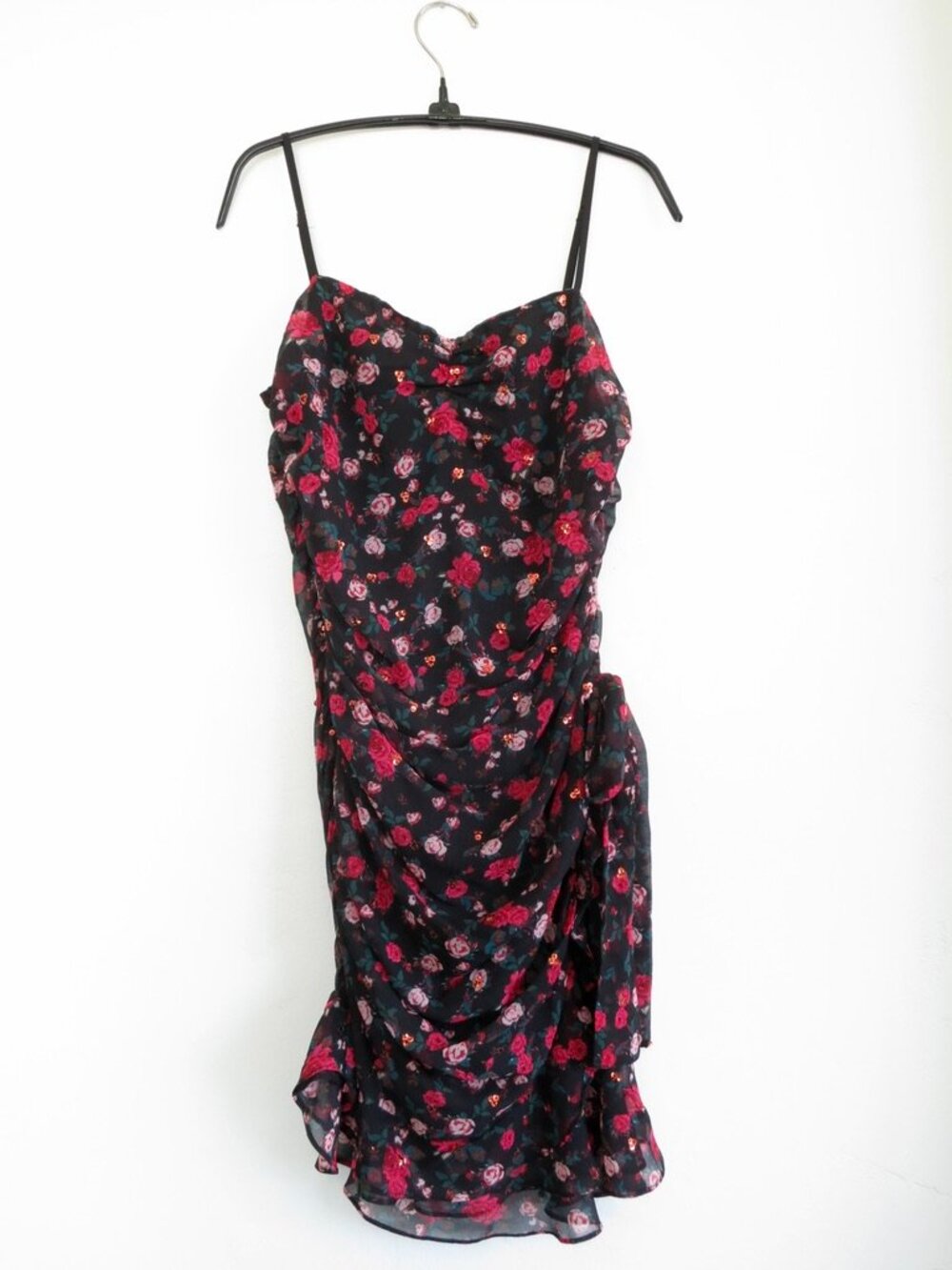 For Love & Lemons Hawn Black Floral Sequin Ruched Ruffle Mini Dress Medium